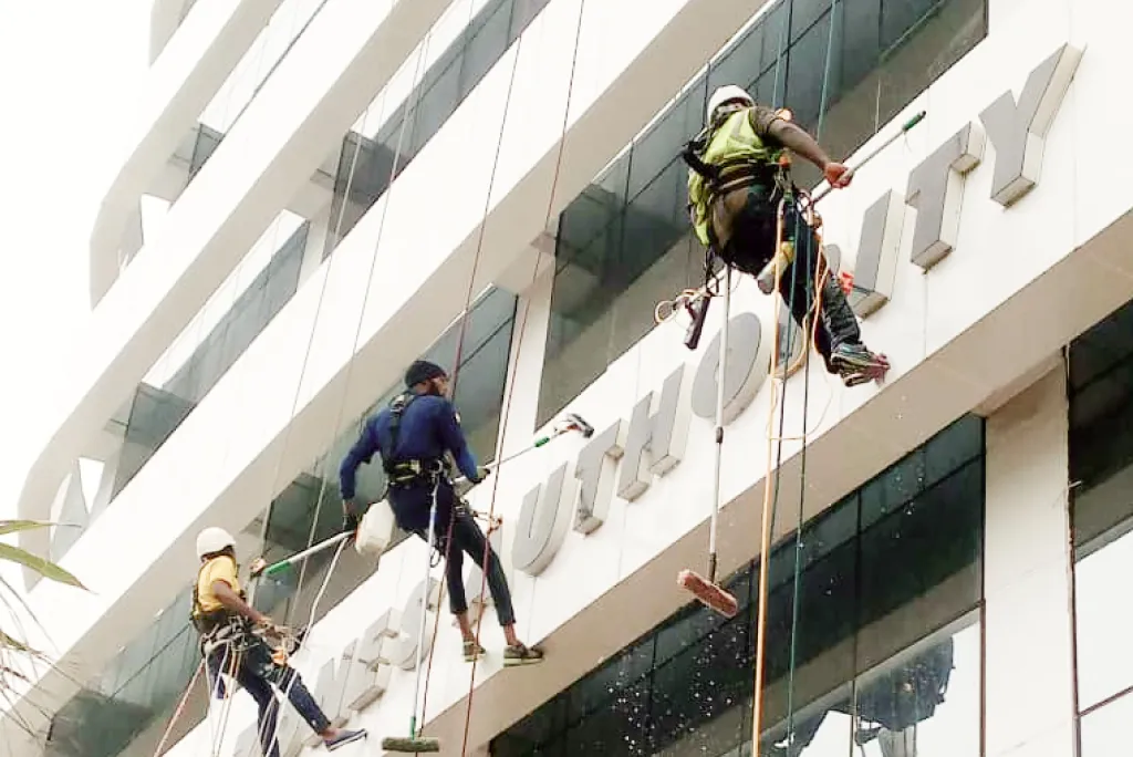 JuKaro technicians cleaning a high-rise building exterior