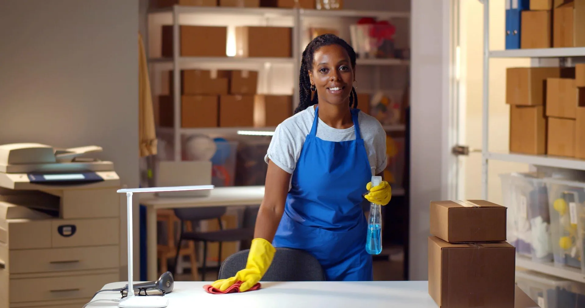 Professional cleaner in a blue apron holding a spray bottle in a storeroom